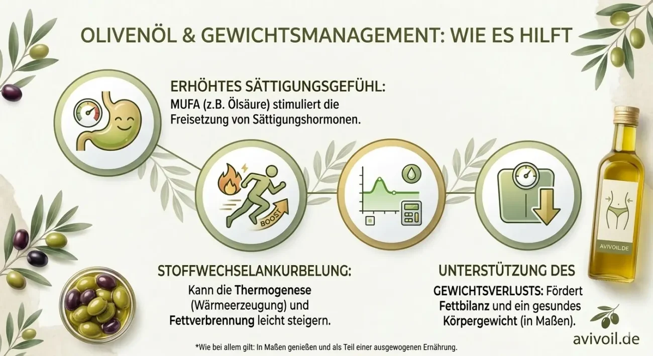 Infografik zu Olivenöl & Gewichtsmanagement: Erklärt Sättigung, Stoffwechsel und Fettverbrennung durch Ölsäure/MUFA.