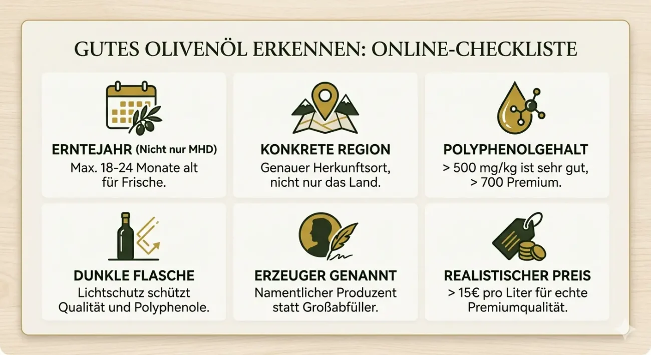 Infografik mit 6 Kriterien zum Kauf von gutem Olivenöl online: Erntejahr, Region, Polyphenolgehalt, dunkle Flasche, Erzeugername und realistischer Preis.