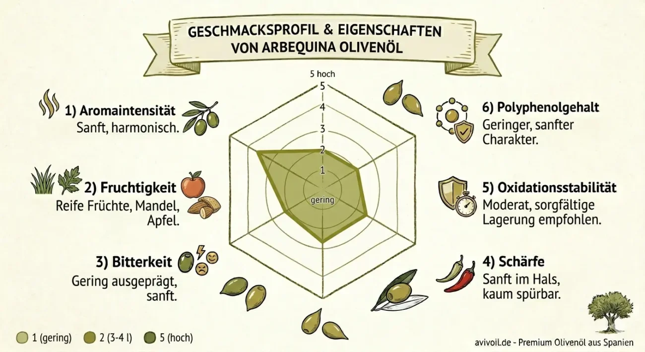 Infografik Radar-Diagramm für Arbequina Olivenöl: Mild, fruchtig, sanfter Charakter.