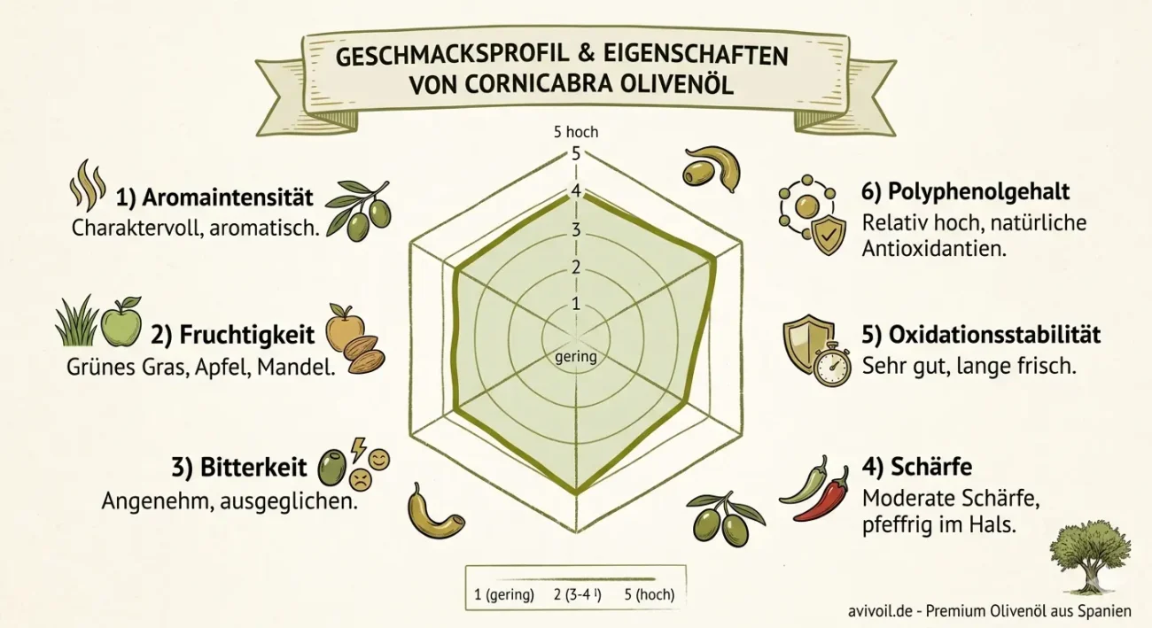 Infografik Radar-Diagramm für Cornicabra Olivenöl: Fruchtigkeit, Polyphenole, Schärfe und Stabilität.