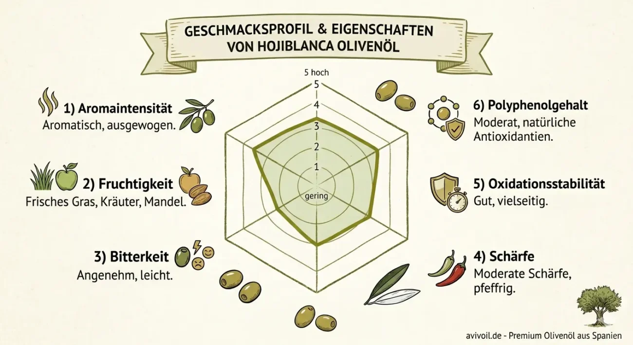 Infografik Radar-Diagramm für Hojiblanca Olivenöl: Aromatisch, ausgewogen, fruchtig.