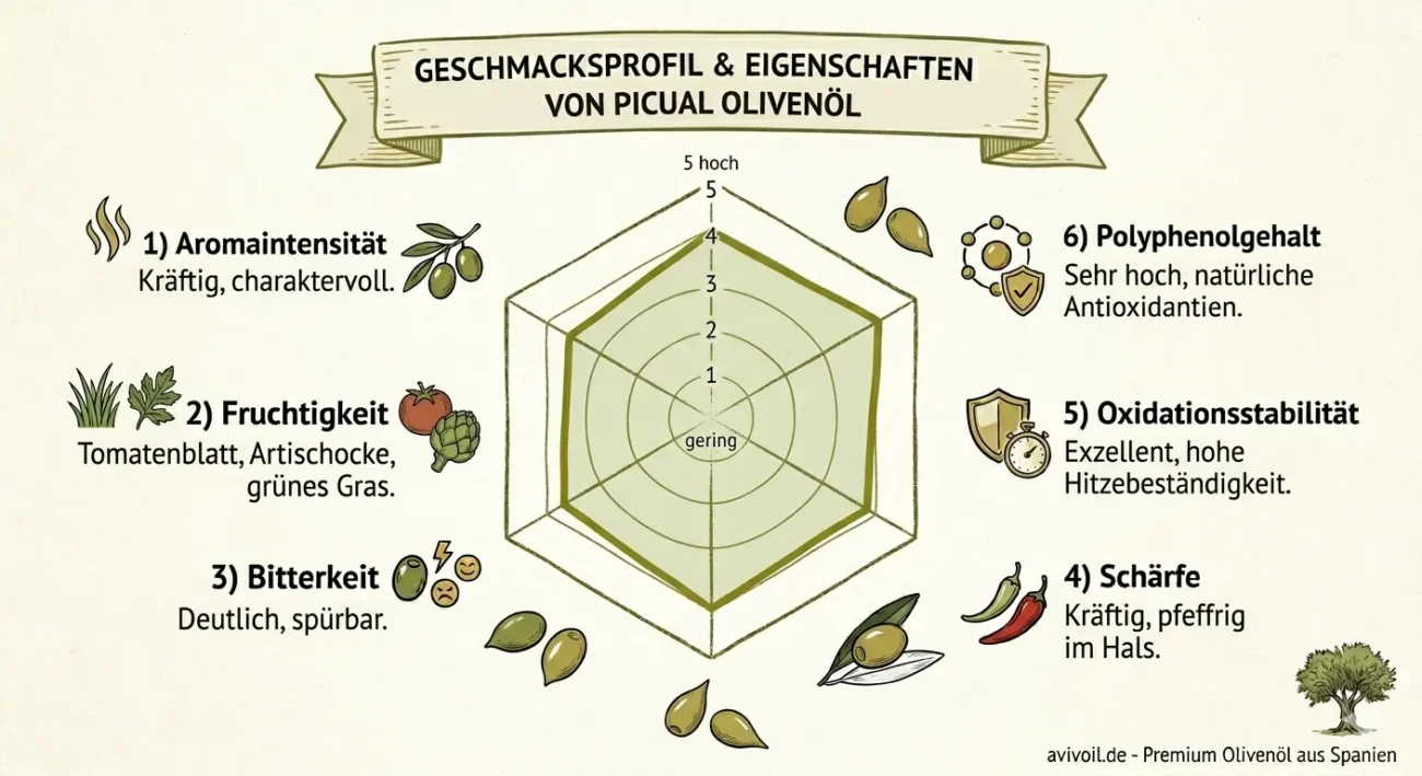 Infografik Radar-Diagramm für Picual Olivenöl: Kräftig, hoher Polyphenolgehalt, Hitzebeständigkeit.