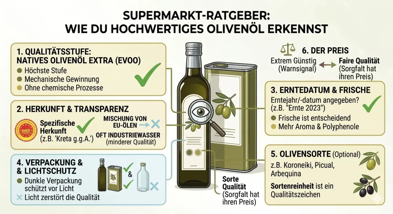 Ratgeber: Hochwertiges Olivenöl erkennen. Checkliste für Qualitätsstufe, Herkunft, Erntedatum und Polyphenolgehalt.