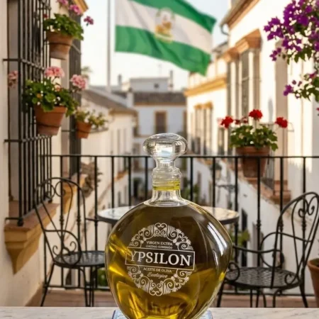 Hera Premium Bio-Olivenöl-Karaffe (Ypsilon), präsentiert auf einer Keramikfliese auf einer Balustrade in einem malerischen andalusischen Innenhof (Patio) mit weißen Wänden, schmiedeeisernen Balkonen und einer grünen Flagge im Hintergrund.