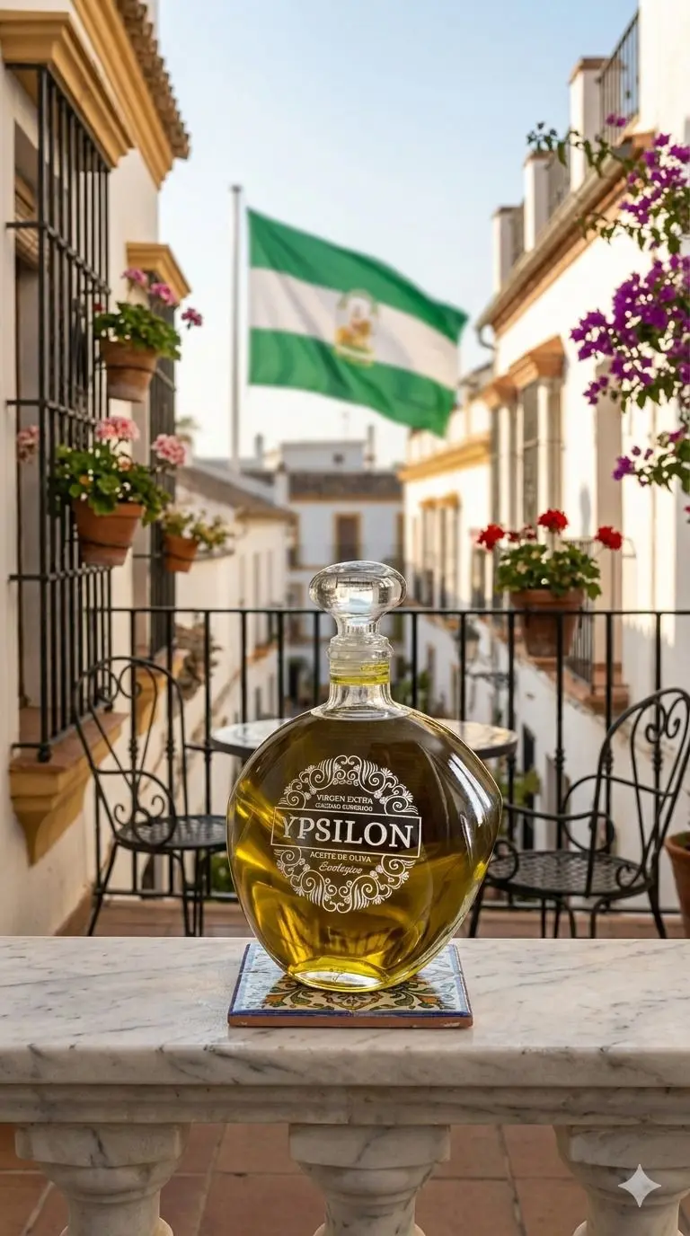 hera-olivenoel-picual-ypsilon-andalusischer-innenhof Hera Premium Bio-Olivenöl-Karaffe (Ypsilon), präsentiert auf einer Keramikfliese auf einer Balustrade in einem malerischen andalusischen Innenhof (Patio) mit weißen Wänden, schmiedeeisernen Balkonen und einer grünen Flagge im Hintergrund.