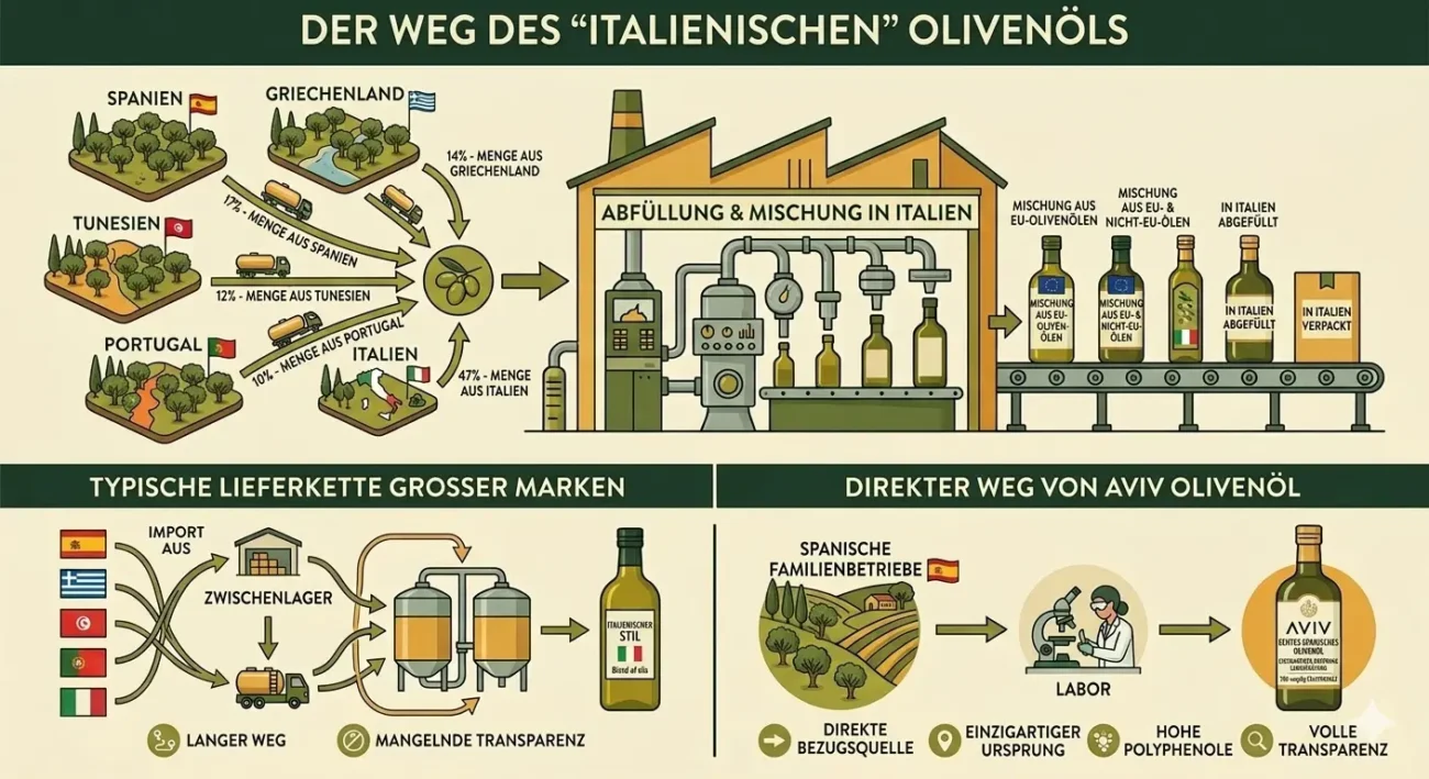 Infografik zum Vergleich der Lieferketten: Große Marken mischen Olivenöl aus Spanien, Griechenland und Tunesien in Italien ab, während AVIV auf direkte Herkunft aus Spanien und volle Transparenz setzt.