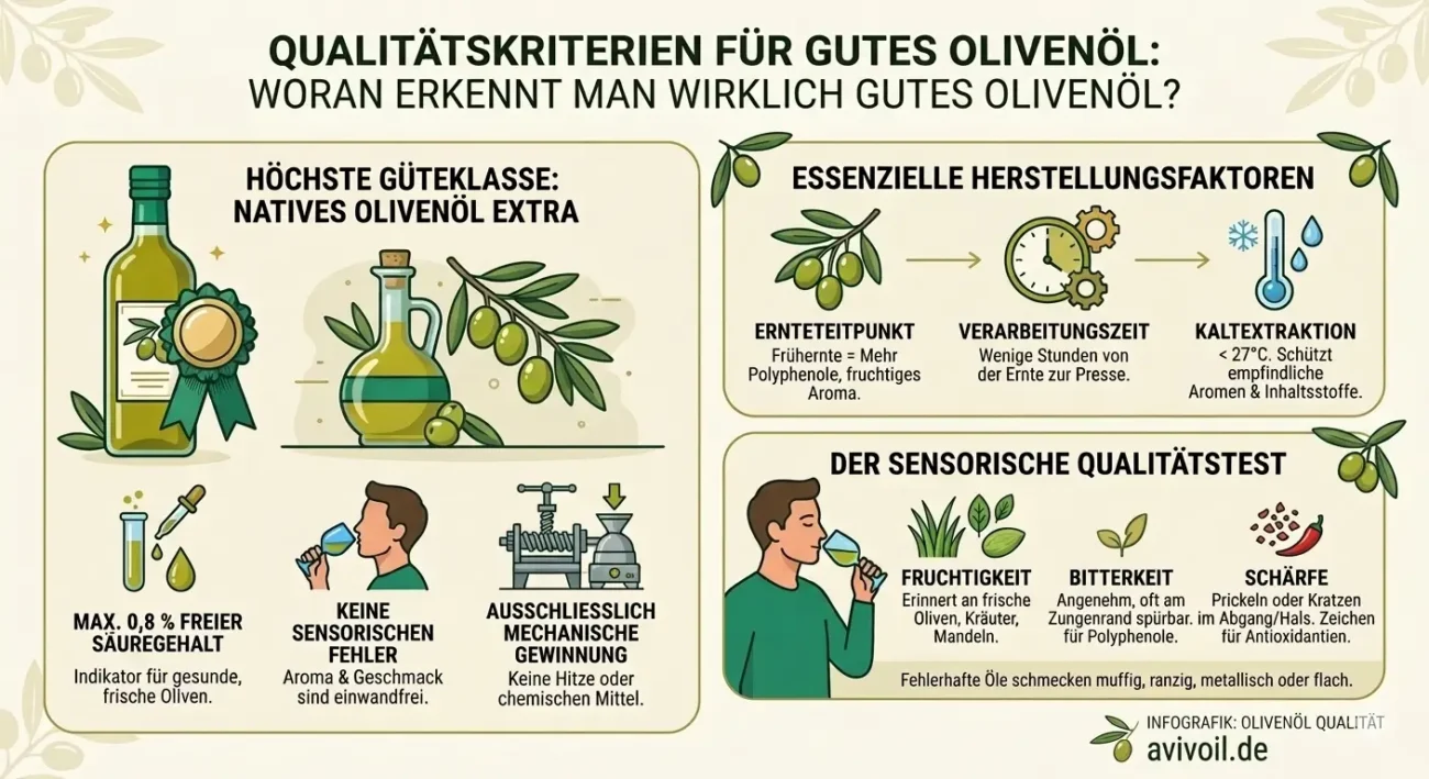 Infografik zu Qualitätskriterien für Olivenöl, Vergleich von nativ und nativ extra, Ernte- und Geschmackskriterien.