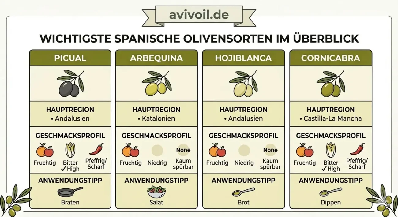 Infografik: Wichtigste spanische Olivensorten (Picual, Arbequina, Hojiblanca, Cornicabra) & deren Geschmacksprofile.