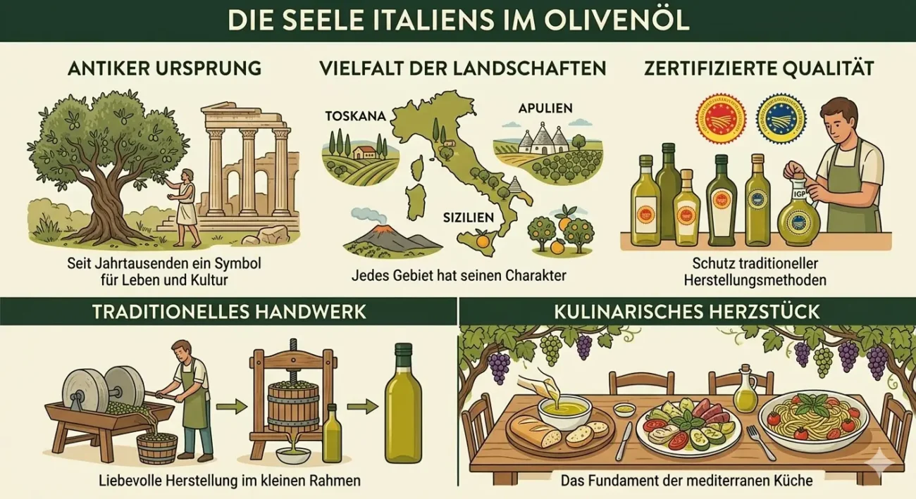 Infografik zu italienischem Olivenöl: Geschichte, Anbauregionen, DOP-Qualitätssiegel und traditionelle Herstellung.