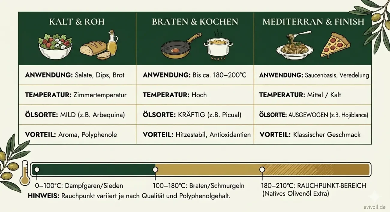 Infografik zur Verwendung von Olivenöl: Temperaturempfehlungen für Braten, Kochen und Verfeinern sowie Erklärung des Rauchpunkts.