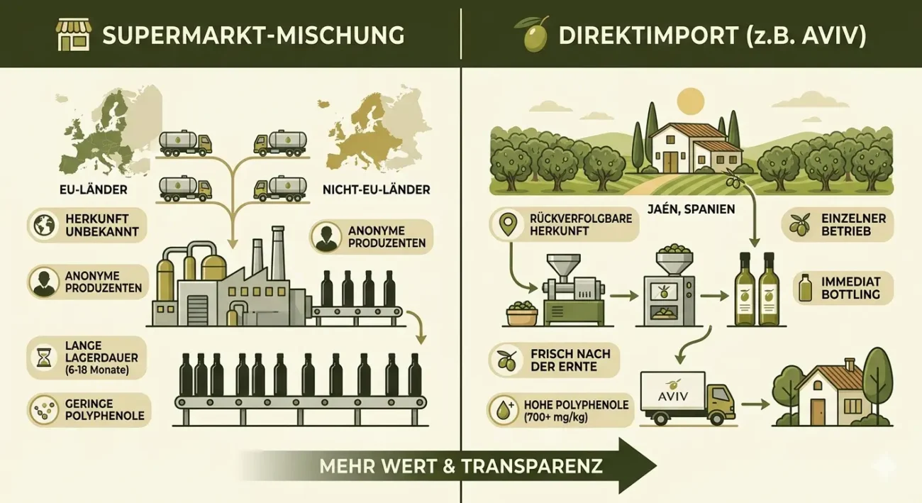 Vergleich: Supermarkt-Olivenöl vs. Direktimport von AVIV. Unterschiede bei Herkunft, Frische und Polyphenolgehalt.