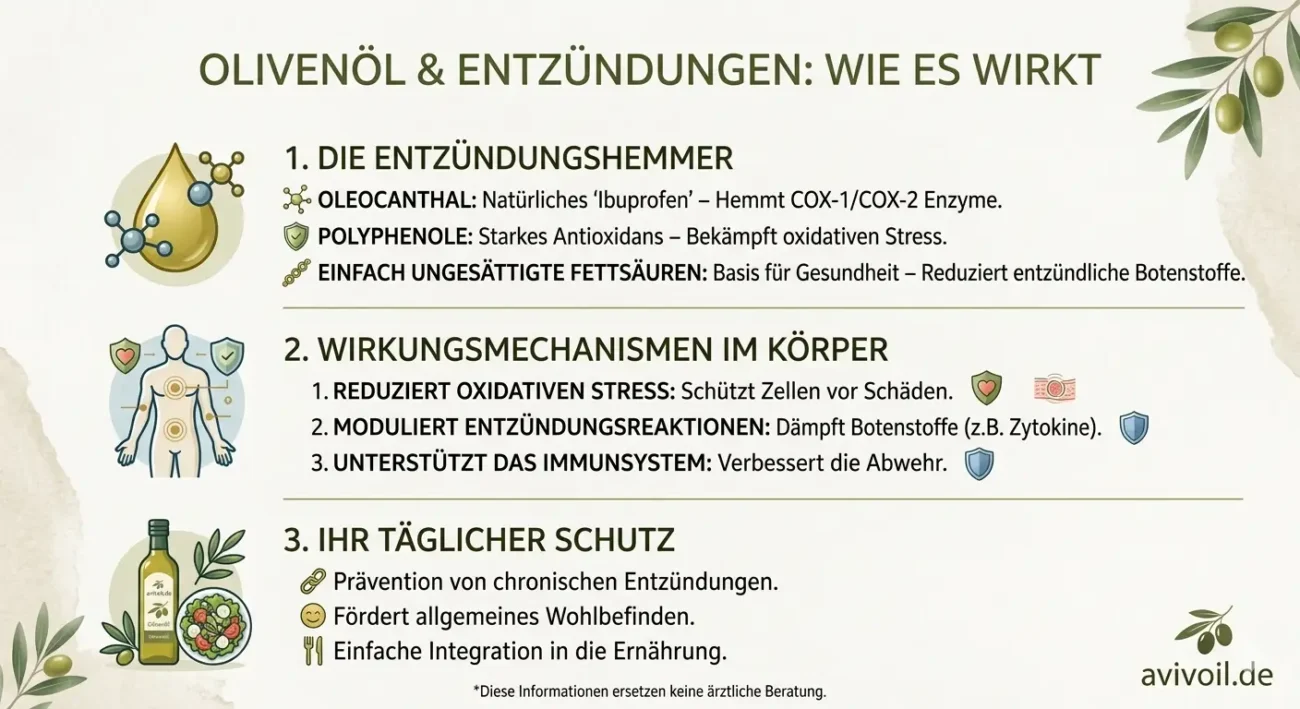 Infografik: Wie Olivenöl gegen Entzündungen wirkt – Oleocanthal, Polyphenole und Schutz vor oxidativem Stress.