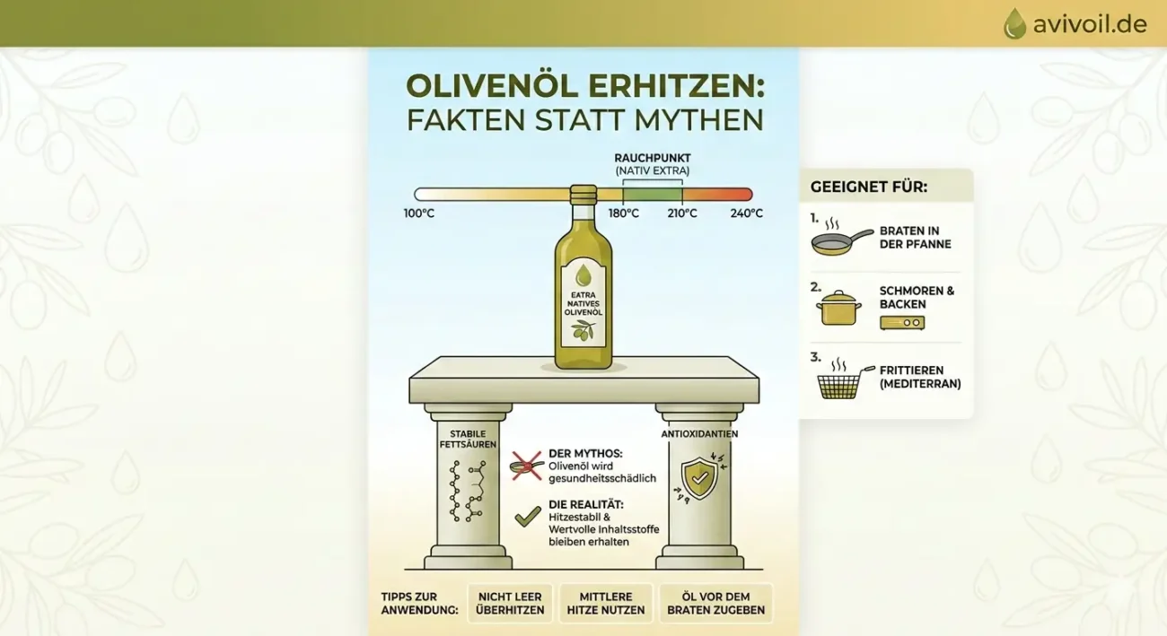 Infografik zum Erhitzen von Olivenöl: Rauchpunkt nativ extra bei 180-210°C, geeignet zum Braten, Backen und Frittieren.