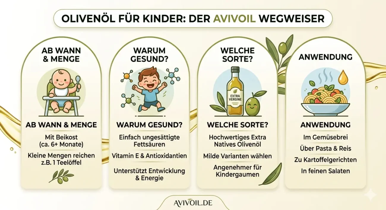 Infografik zu Olivenöl für Kinder: Ab 6 Monaten, gesund durch Vitamin E, Tipps zu Sorten und Anwendung in Beikost.
