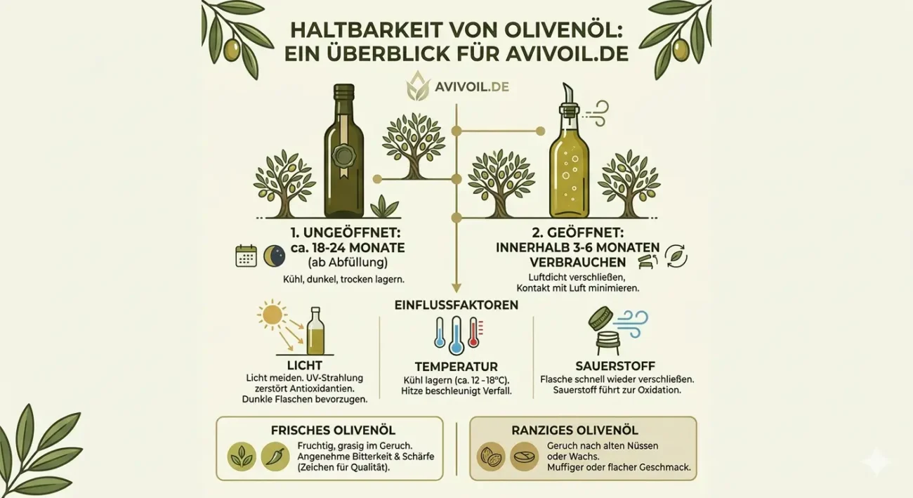 Olivenöl Haltbarkeit: Ungeöffnet 18-24 Monate, geöffnet 3-6 Monate. Einflussfaktoren und Erkennung.