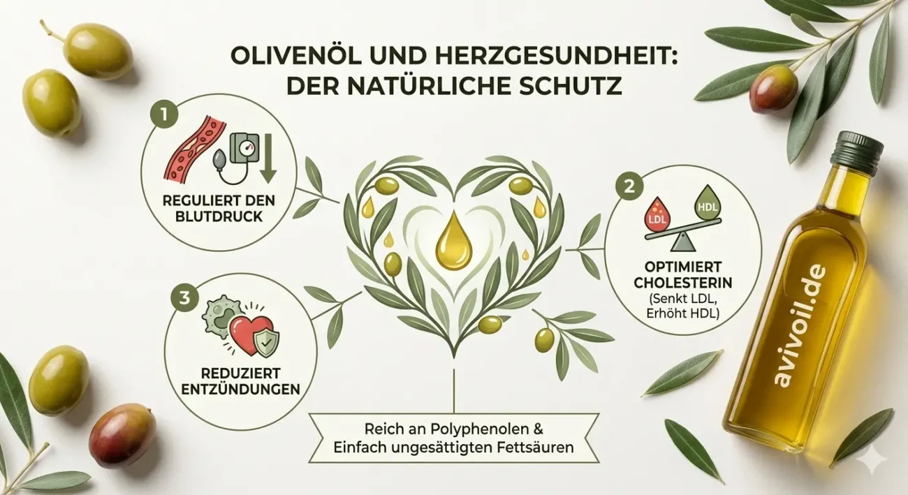 Infografik zu Olivenöl & Herzgesundheit: Vorteile für Blutdruck, Cholesterin und Entzündungswerte.