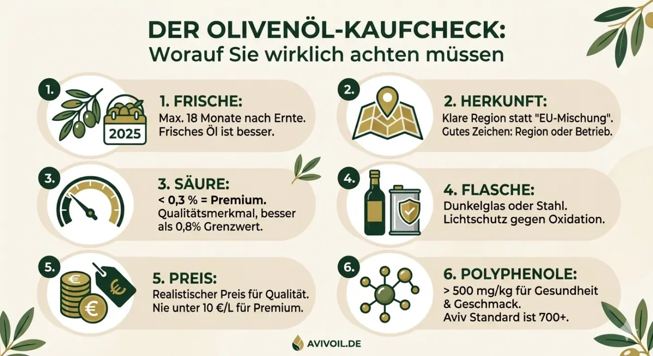 Infografik Olivenöl Kaufcheck: Die 6 wichtigsten Kriterien wie Frische (max. 18 Monate), Herkunft, Säuregehalt (unter 0,3%), dunkle Flasche, Preis und Polyphenolgehalt.
