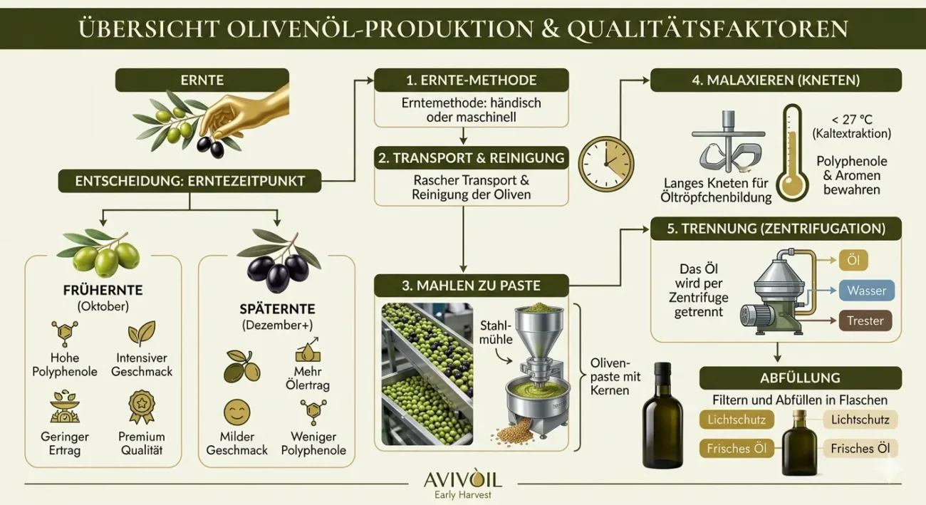 Übersicht der Olivenöl Produktion mit allen Schritten von der Ernte über Mahlen, Malaxieren und Zentrifugation bis zur Abfüllung sowie Einfluss von Frühernte und Späternte auf die Qualität