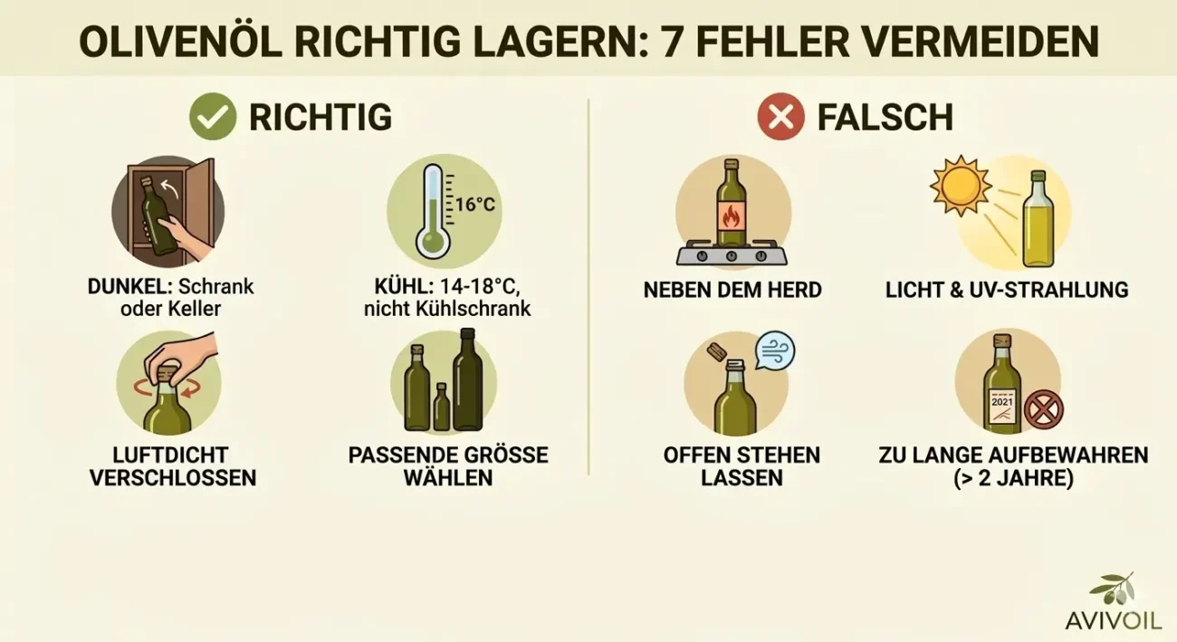 Infografik: Olivenöl richtig lagern. Vergleich von optimalen Bedingungen und häufigen Fehlern bei der Aufbewahrung.