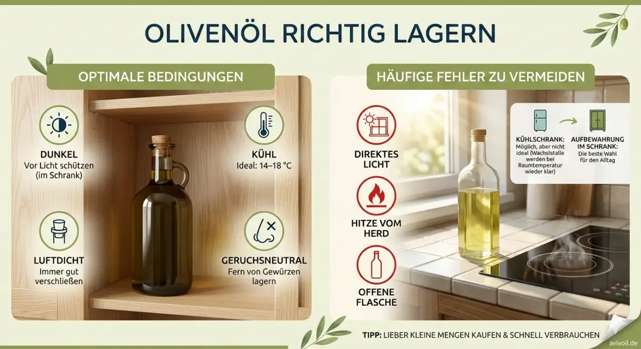 Infografik zur richtigen Lagerung von Olivenöl: Optimale Bedingungen (dunkel, kühl, luftdicht) vs. häufige Fehler (direktes Licht, Hitze vom Herd, offene Flasche).