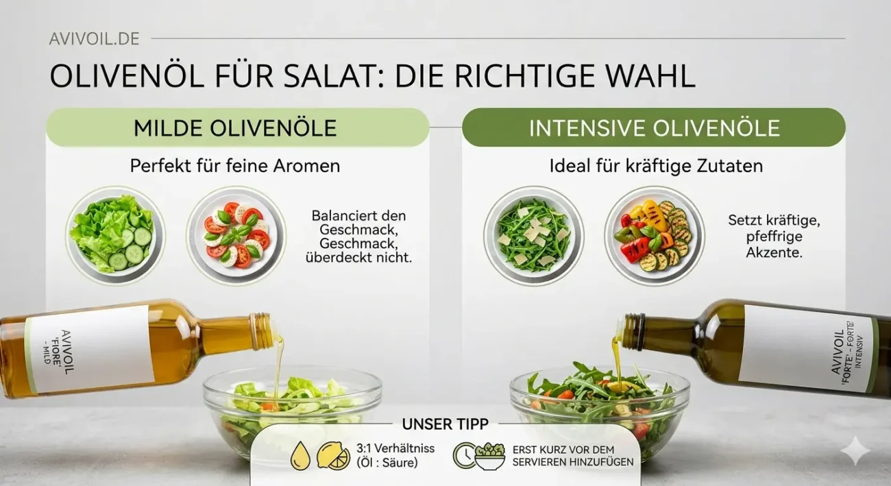 Infografik: Mildes vs. intensives Olivenöl für Salat. Tipps zum Mischverhältnis von Öl und Säure von Avivoil.