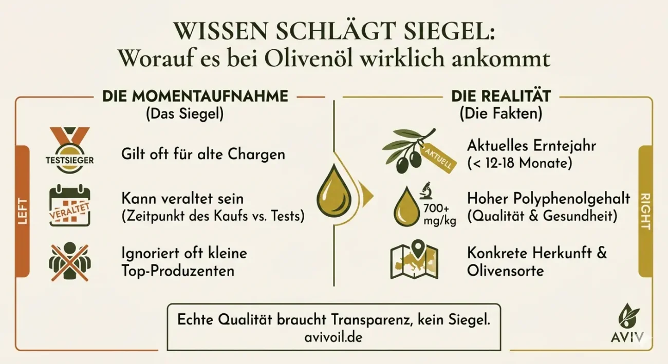 Infografik avivoil.de: Vergleich von Olivenöl-Testsieger-Siegeln vs echten Qualitätsfaktoren wie Erntejahr & Polyphenole.
