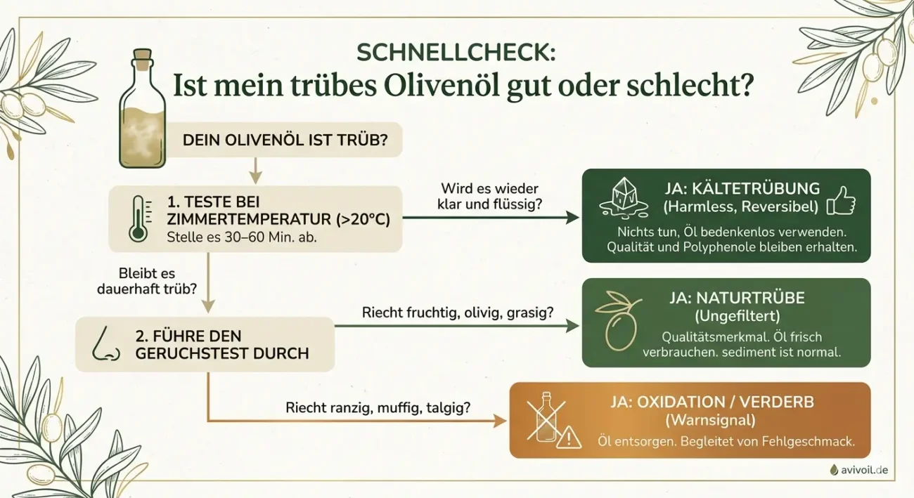 Infografik: Schnellcheck für trübes Olivenöl. Flowchart zur Unterscheidung von Kältetrübung, Naturtrübe und Oxidation.