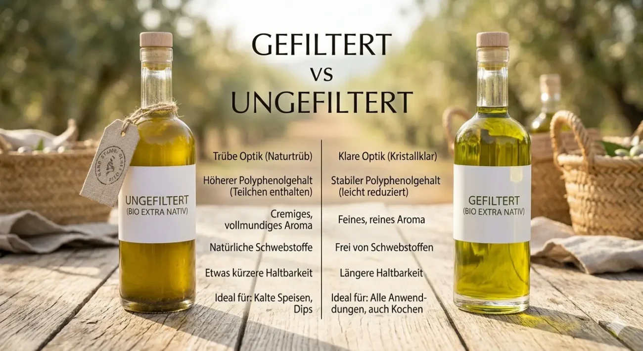 Vergleich von Bio-Olivenöl: gefiltert (klar) vs. ungefiltert (trüb) mit Infos zu Polyphenolen, Aroma und Haltbarkeit.