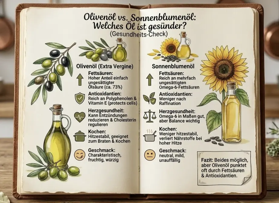 Infografik-Vergleich: Olivenöl vs. Sonnenblumenöl – Inhaltsstoffe, Herzgesundheit und Kochen im Gesundheits-Check.