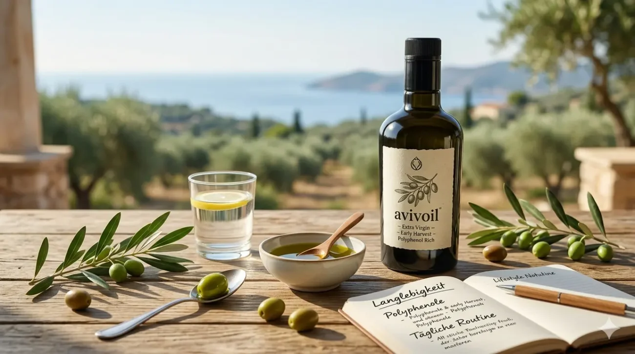 Ein gesundes Mittelmeer-Frühstück mit Avivoil Polyphenol-Olivenöl, frischen Oliven, Zitrone und einem Notizbuch über Langlebigkeit.