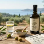 Ein gesundes Mittelmeer-Frühstück mit Avivoil Polyphenol-Olivenöl, frischen Oliven, Zitrone und einem Notizbuch über Langlebigkeit.