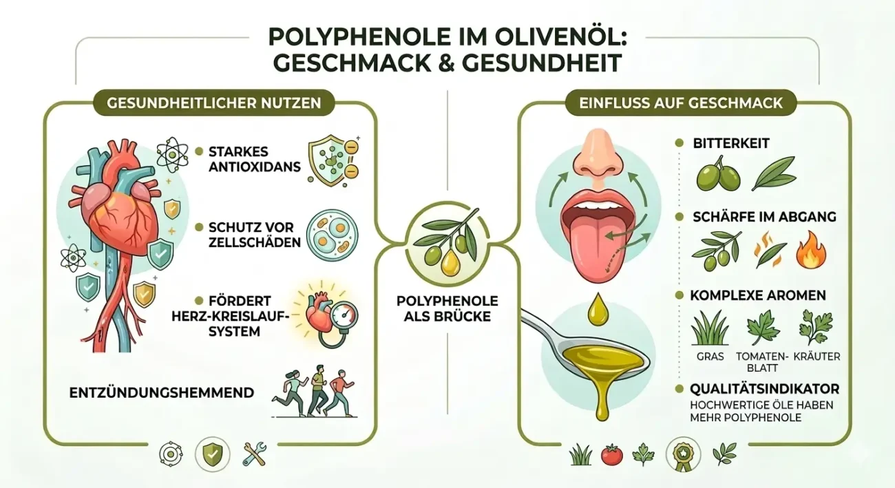 Infografik zu Polyphenolen in Olivenöl: Wirkung auf Herz & Zellen sowie Geschmackseinflüsse wie Bitterkeit & Schärfe.