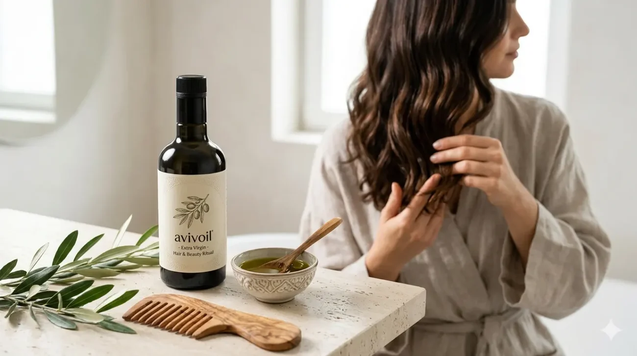 Eine Frau wendet Avivoil Premium Olivenöl als Haarkur für glänzendes Haar an, neben einem Holzkamm und Olivenzweigen.