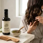 Eine Frau wendet Avivoil Premium Olivenöl als Haarkur für glänzendes Haar an, neben einem Holzkamm und Olivenzweigen.