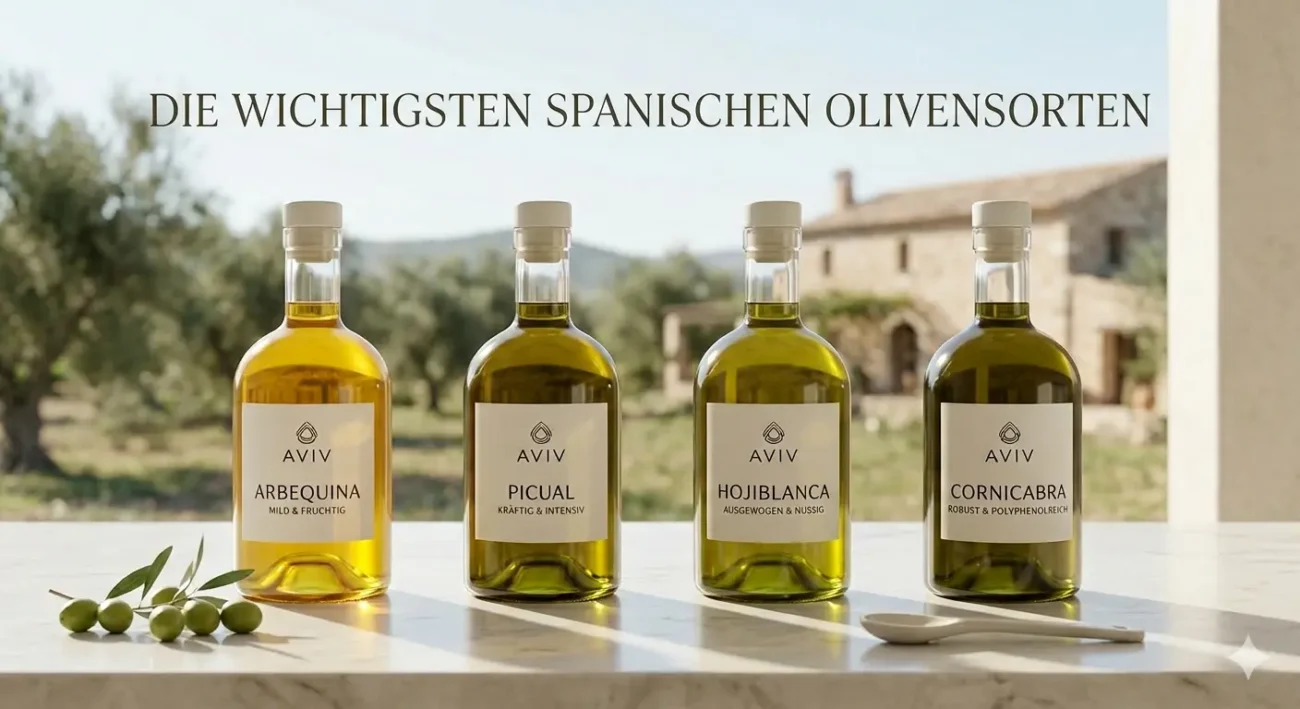 Infografik zu den wichtigsten spanischen Olivensorten: Arbequina, Picual, Hojiblanca und Cornicabra von AVIV Olivenöl