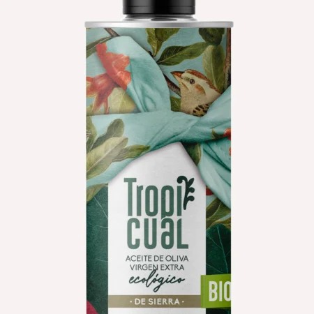Frontalansicht der Tropicual de Sierra 500ml Dose. Das Bio-zertifizierte Etikett zeigt Vögel und botanische Motive in warmen Rot- und Erdtönen auf einem türkisfarbenen Grund.