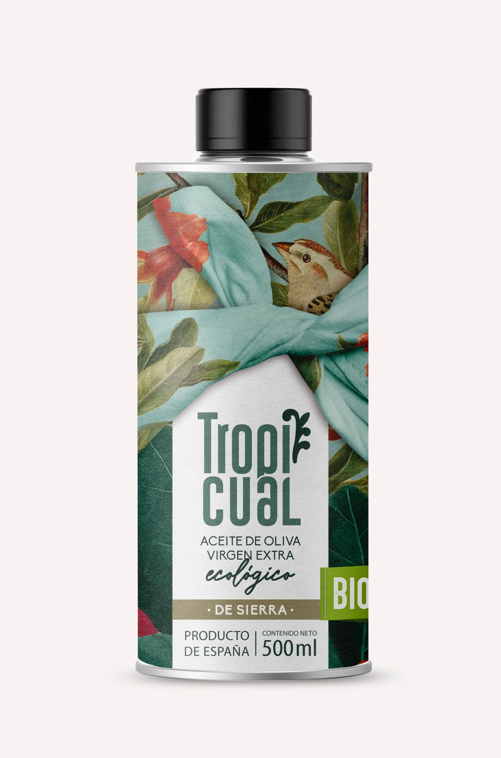 Frontalansicht der Tropicual de Sierra 500ml Dose. Das Bio-zertifizierte Etikett zeigt Vögel und botanische Motive in warmen Rot- und Erdtönen auf einem türkisfarbenen Grund.