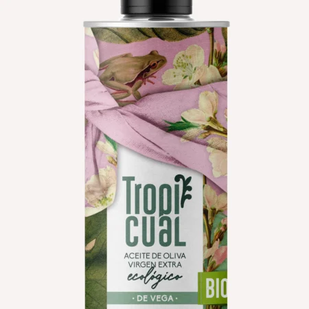 Frontalansicht der Tropicual de Vega 500ml Dose. Das Etikett zeigt die Aufschrift 'Aceite de Oliva Virgen Extra Ecológico' und ein auffälliges florales Design mit einem Frosch-Motiv.