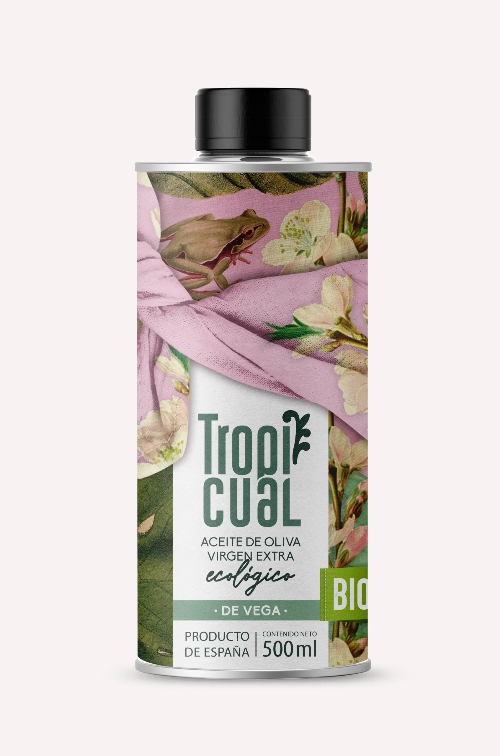 Frontalansicht der Tropicual de Vega 500ml Dose. Das Etikett zeigt die Aufschrift 'Aceite de Oliva Virgen Extra Ecológico' und ein auffälliges florales Design mit einem Frosch-Motiv.