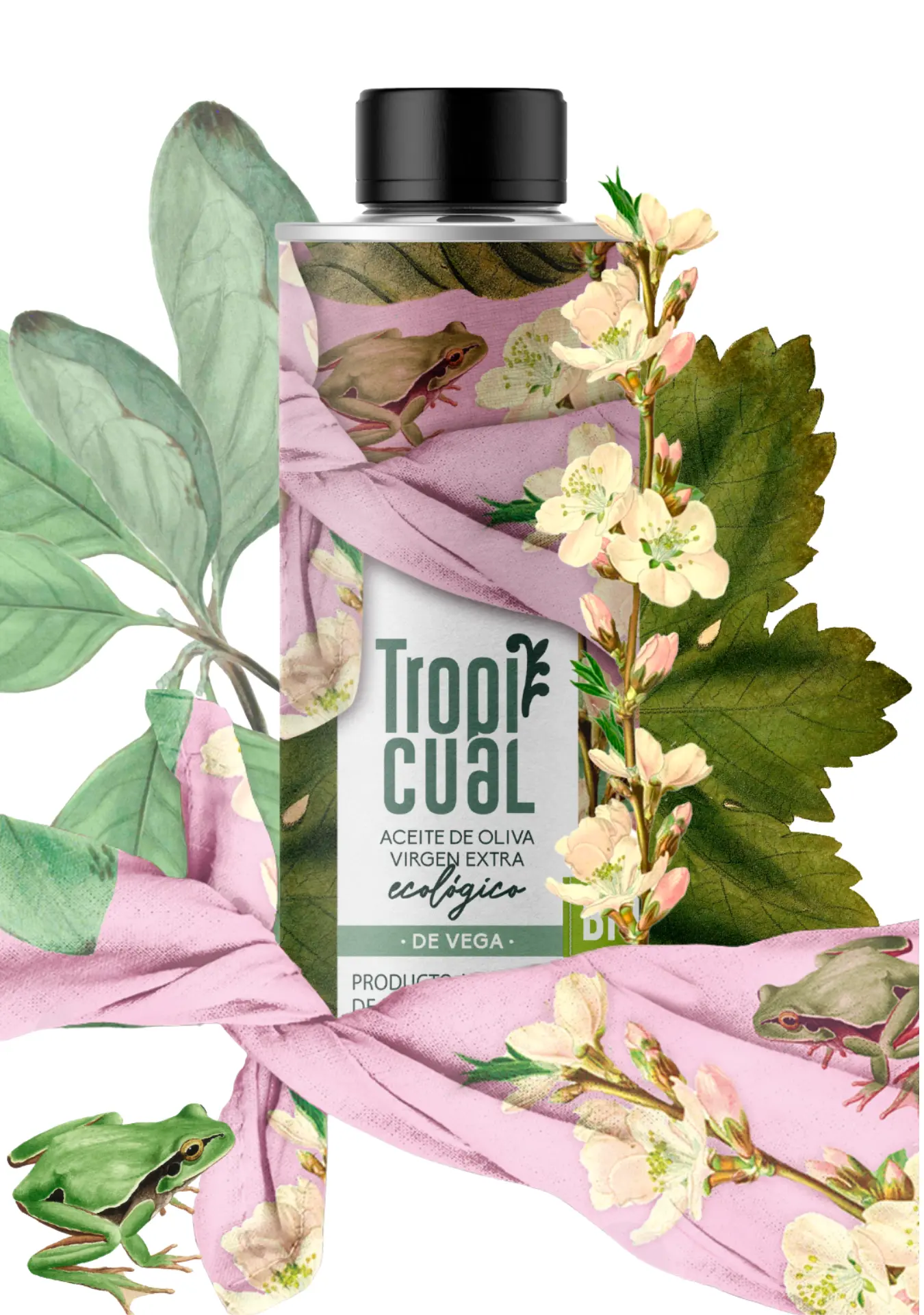 tropicual-de-vega-illustration-laubfrosch-bio Künstlerische Collage des Tropicual de Vega Olivenöls, umgeben von Illustrationen eines grünen Laubfroschs, rosa Blütenzweigen und grünen Blättern auf weißem Grund.