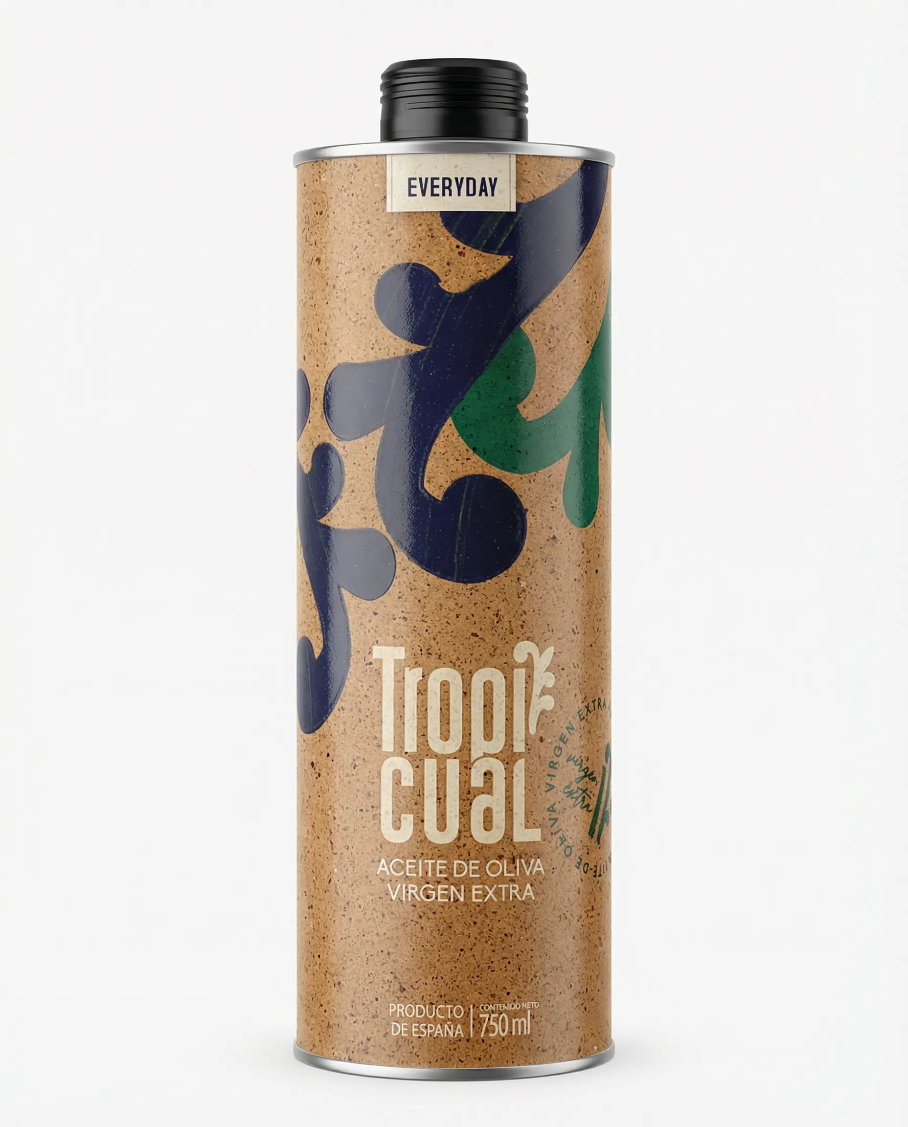 Frontalaufnahme der 750ml Dose Tropicual Everyday Natives Olivenöl Extra. Zylindrische Verpackung in natürlicher Kork-Optik mit blauen und grünen abstrakten Mustern auf weißem Hintergrund.