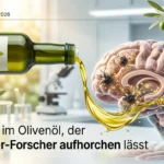 Visualisierung von Oleocanthal-Molekülen, die Ablagerungen im Gehirn bekämpfen, mit einer Flasche Avivoil-Olivenöl.