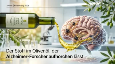 Visualisierung von Oleocanthal-Molekülen, die Ablagerungen im Gehirn bekämpfen, mit einer Flasche Avivoil-Olivenöl.