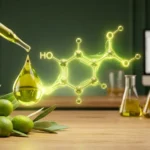 Pipette tropft Olivenöl mit leuchtendem Hydroxytyrosol-Molekül und Olivenzweig im Labor für Forschung.