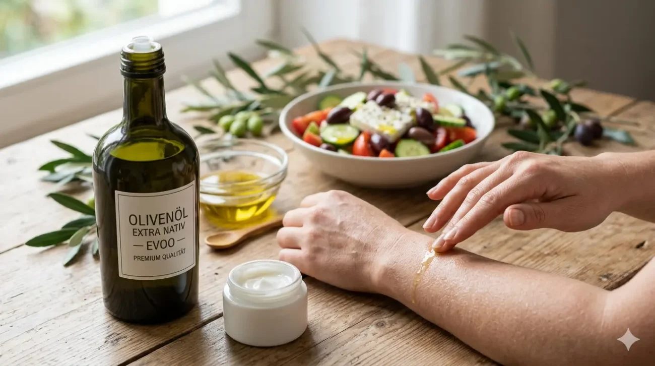 Eine Person trägt klares Olivenöl direkt auf die trockene Haut an ihrem Handgelenk auf. Auf einem rustikalen Holztisch stehen eine Flasche Premium-Olivenöl "EXTRA NATIV", eine Cremedose, ein Holzlöffel und eine Schüssel mit griechischem Salat. Natürliches Licht erhellt die mediterrane Pflege-Szene.