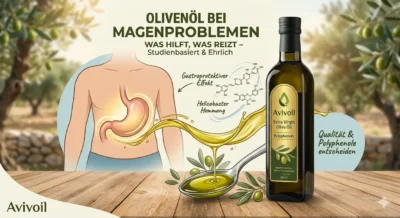 Grafik zur Wirkung von polyphenolreichem Avivoil Olivenöl bei Magenproblemen, mit anatomischem Magen-Modell, Gastroprotektiver Effekt und Helicobacter Hemmung. Olivenhain im Hintergrund.
