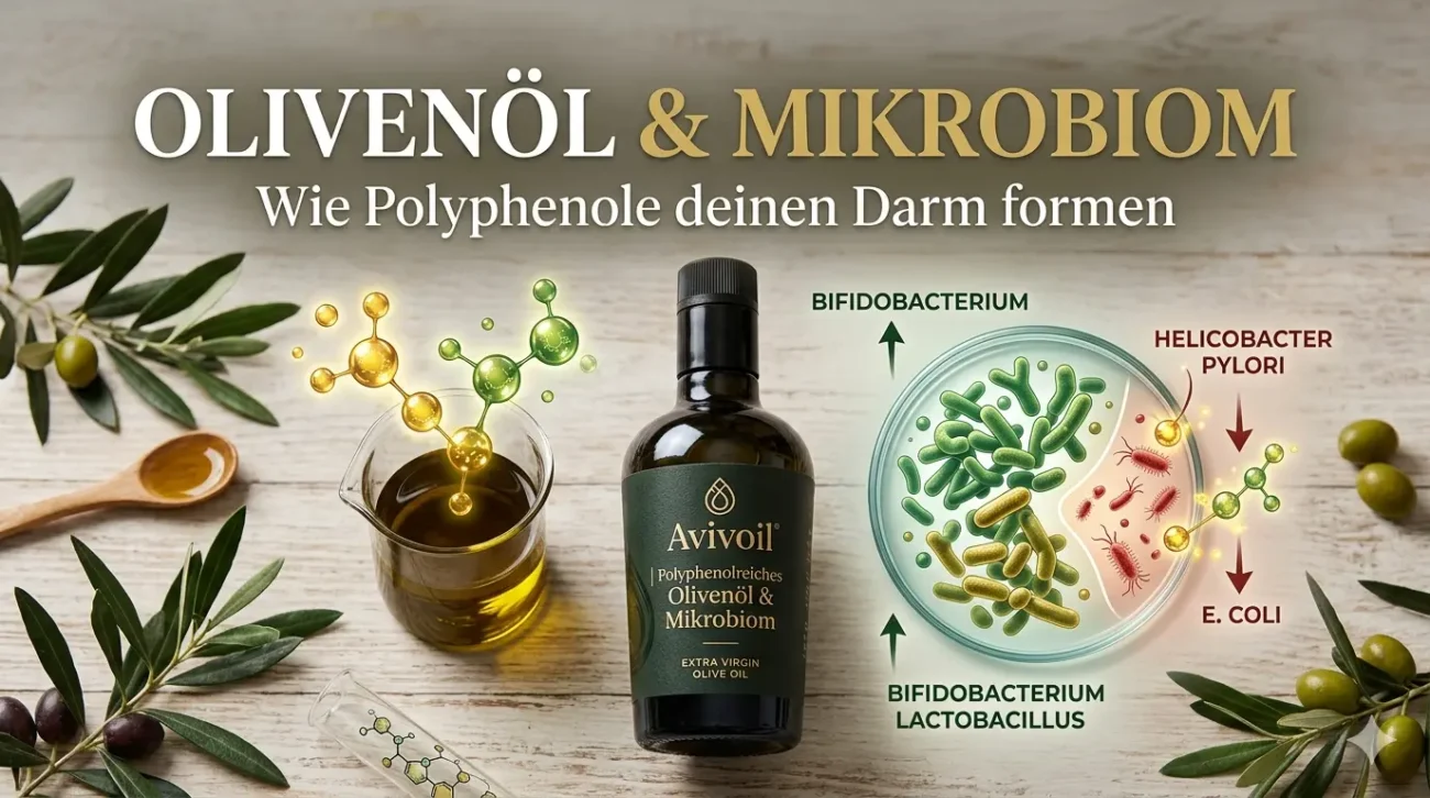 Infografik über Avivoil Olivenöl und Darm-Mikrobiom Gesundheit in Berlin, Deutschland.