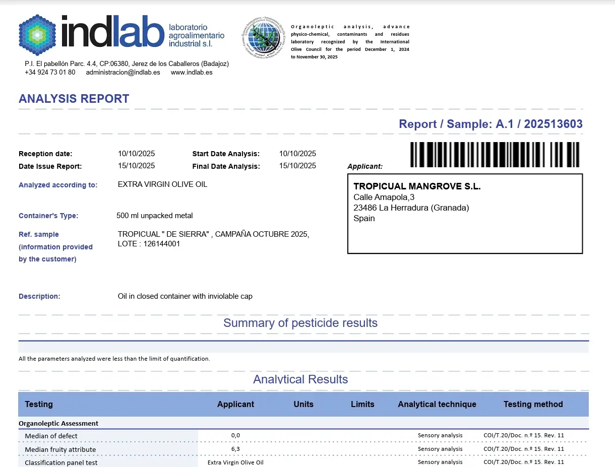 Qualitäts-Laborbericht Tropicual de Sierra INDLAB 2025 Säuregehalt