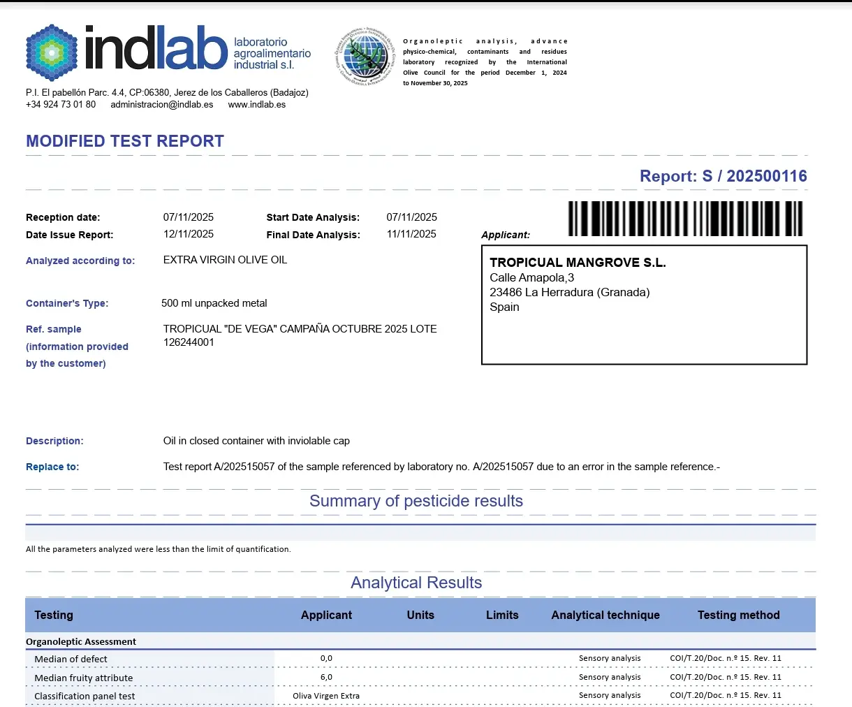 Qualitäts-Laborbericht Tropicual de Vega INDLAB 2025