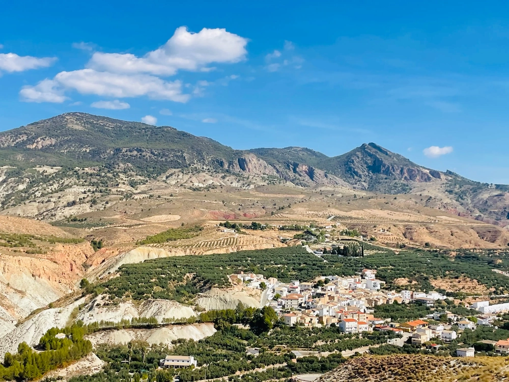 Andalusisches Dorf zwischen Olivenhainen mit Bergpanorama